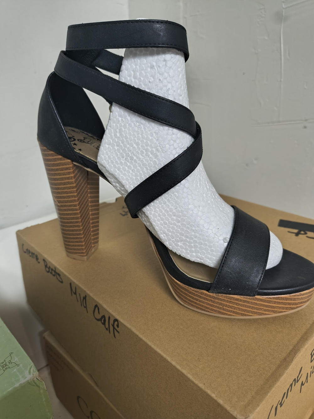 Brash Black Strappy Platform Sandals with Wood-Effect Block Heel